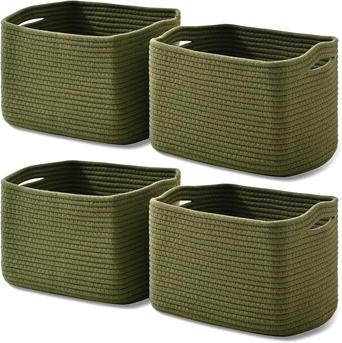 ICERZCZ Storage Basket for Shelves, Small Baskets for Organizing, Woven Cotton Rope Baskets for Storage, Book Basket, Decorative Shelf Basket, 12.5"Lx9.1''Wx7.9''H (4 Packs) Green by ICERZCZ