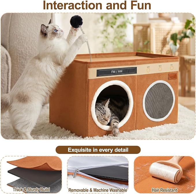 Retro Radio Cat House, Large Foldable Cat Bed Indoor Cat Cave | Spacious Multi-Cat Sleeping Hideaway Pet Nest, Non-Sticky Fur Fabric, Scratch Pad & Bendable Antenna Ball 13×19.7×15.8 Inches - Image 3