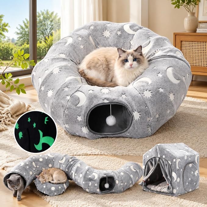 4-In-1 Cat Tunnel with Cube House, Night-Luminous Cat Play Tunnel House with Dual Peek Holes, Large Pocket, Hideout Cat Toys with Tunnel & House, Cat Furniture Tent for Playing, Hiding & Lounging Grey by BUMUBI