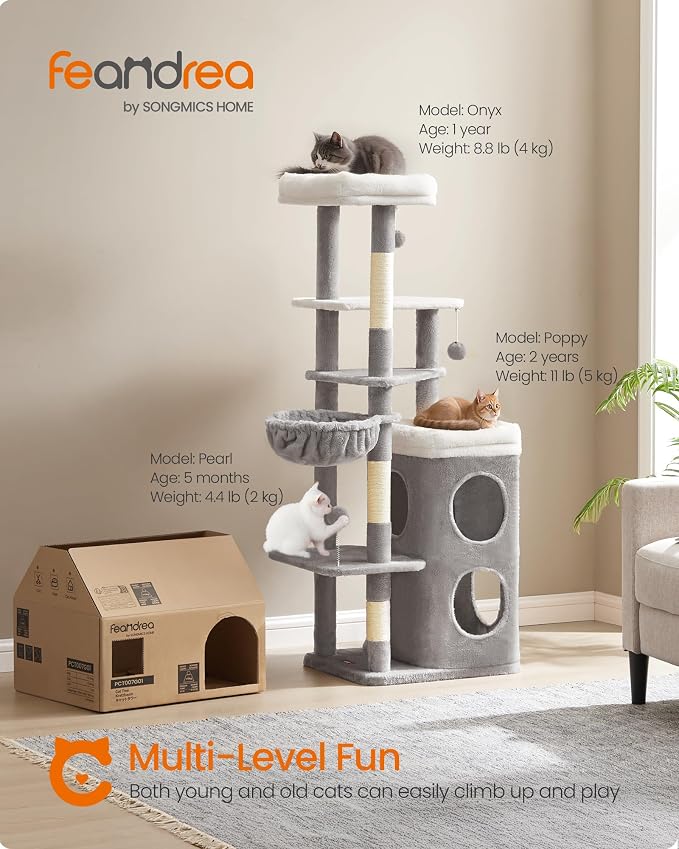 Feandrea Cat Tree Indoor, 60" Multiple-Level Plush Cat Tower, Dove Gray | 2 Caves, 3 Steps, 3 Scratching Posts, 3 Ball Toys, Cat Condo House for Large Adult Cats, UPCT007G01 - Image 2