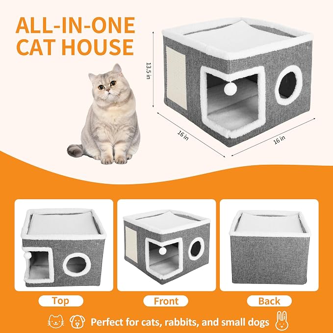 Cat Beds for Indoor Cats, Large Cat Cave with Fluffy Ball and Scratch Pad, Foldable Cat Scratch House with Hideaway Condo for Kitten, Grey - Image 9