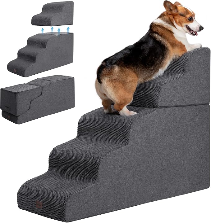 Garnpet Dog Stairs for High Beds, 5-Step Dog Steps for Small Dogs and Cats, Foldable Pet Stairs for High Bed Climbing, Non-Slip Balanced Pet Step Indoor, Dark Grey by Garnpet