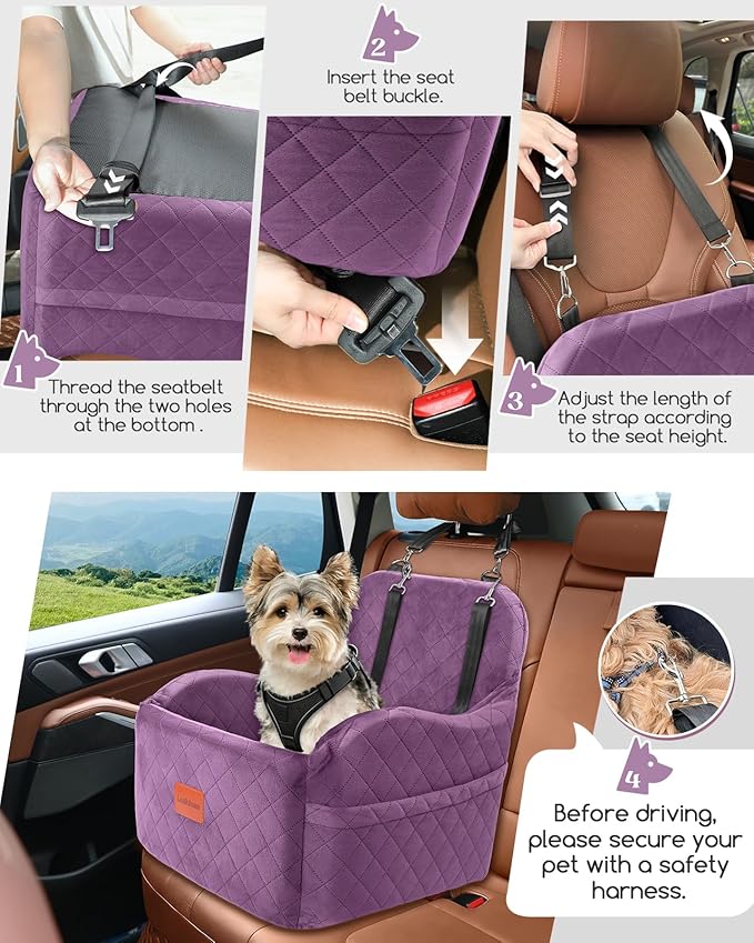 Lealchum Dog Booster Car Seat for Small/Medium Dogs,Puppy Portable Car Bed with Elevated Cushion,Fully Detachable and Washable,2 Storage Pockets,Easy to Install (Purple, Medium) - Image 3