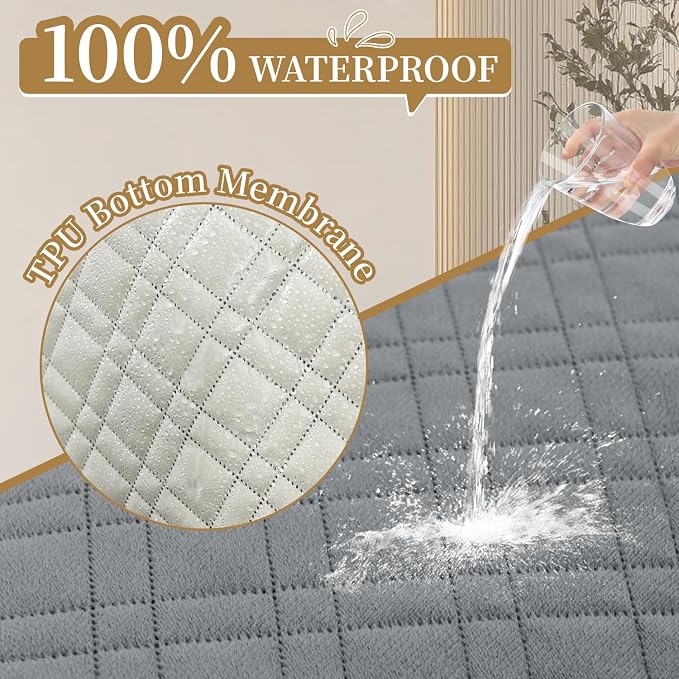 Velvet 100% Waterproof Chair Covers for Living Room Sofa Armchair Cover Washable Couch Arm Chair Slipcovers for Dogs Non Slip Quilted Furniture Protector with Pockets (Small, Silvery Grey) - Image 2