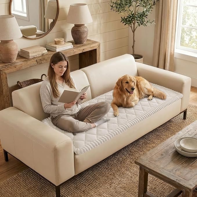 Smiry Non Slip Couch Cover for Dogs, Fuzzy Plush Pet Sofa Protector | Washable Furniture Cover for Large Dogs & Cats, Scratch & Dirt Resistant, For 2 Cushion Couch, White, 35.4"x63" - Image 3