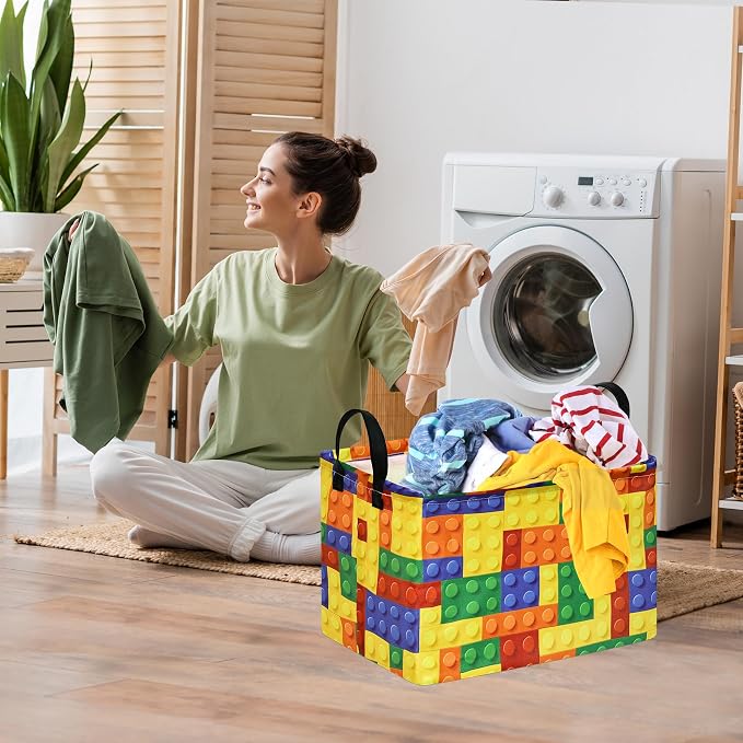 Colorful Building Blocks Print Storage Basket, Waterproof Lining Organizer Bins, Leather Handles, Collapsible for Kids Toys, Clothes, Laundry, Gift Basket - Image 7