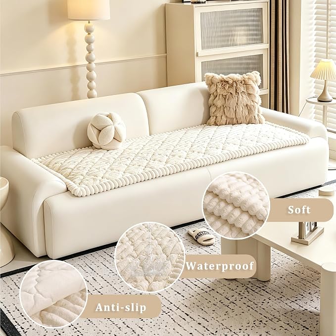 100% Waterproof Fuzzy Couch Cover for Dogs, Washable Non-Slip Pet Couch Covers for Sofa, Soft Thick Furniture Protector Sofa Slipcover Mat for Dogs (Beige, 27.5" x 59") - Image 3