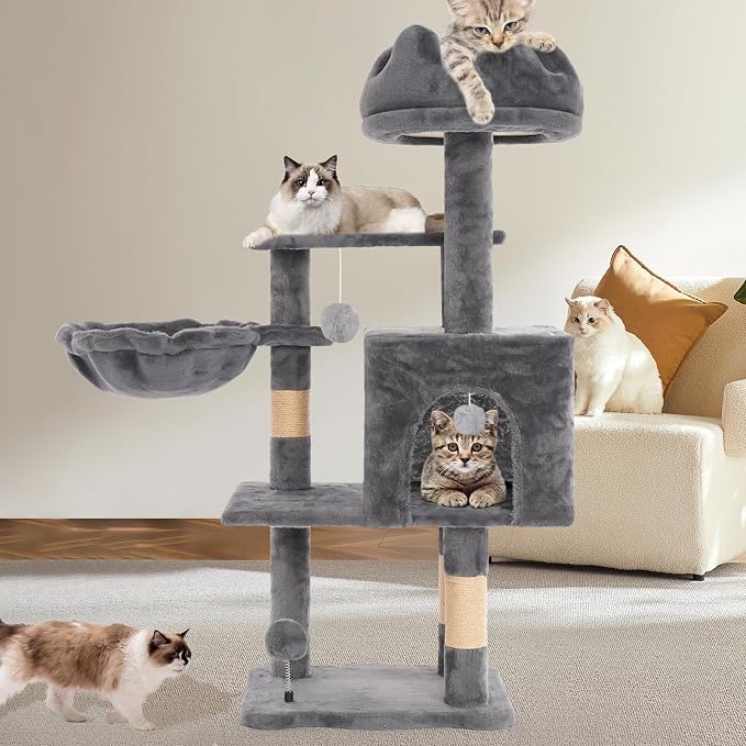 Cat Tree Tower with Hammock,40" Cat Trees for Indoor Cats Large Adult(Grey) | Modern Cat Tree Tower with Scratching Post, Cats Condo Furniture with Cloud Top Perch, Cats Climbing Tower for Kittens by Yungaspy