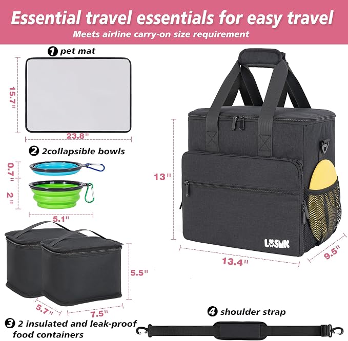 Dog Travel Bag, Large Pet Travel Set with Multi-Function Pockets | 2 Food Storage Containers, 2 Collapsible Bowls, 1 Feeding Mat for Pet Supplies, Road Trip Essentials, Weekend Camping, Black - Image 3