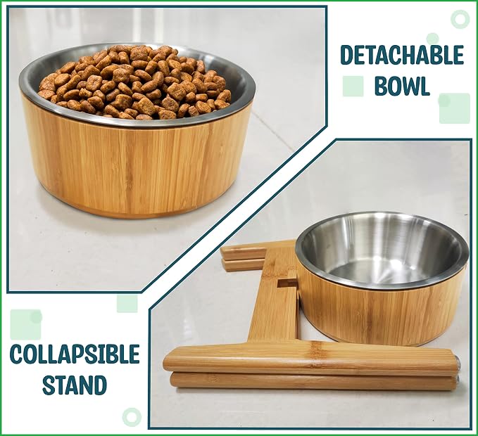 Elevated Dog Bowl for Mid-Large Breed, (12-Inch High, 64-oz) | Raised Food and Water Bowl with Stand, Flip-Resistant - Real Bamboo and Stainless Steel - Image 6