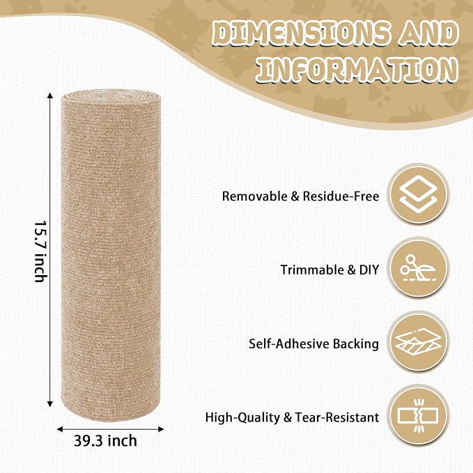 LSGCQ Cat Scratch Mat Self Adhesive Cat Scratch Furniture Protector | Self Adhesive Cat Scratching Mat Replacement for Cat Tree Post Couch Wall Furniture Protector (39.3" x 15.8", Beige) - Image 2