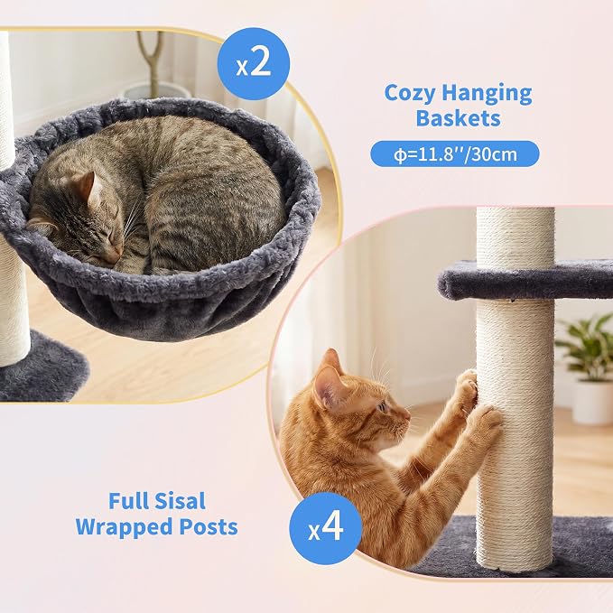 Heybly Cat Tree with Reinforced Big Base, 41.3 in Sturdy Cat Tower HCT075G | Indoor Cat Furniture Featuring 2 Roomy Platforms, Double Condos, 2 Cozy Baskets, Full Sisal Scratching Posts, Smoky Gray - Image 8