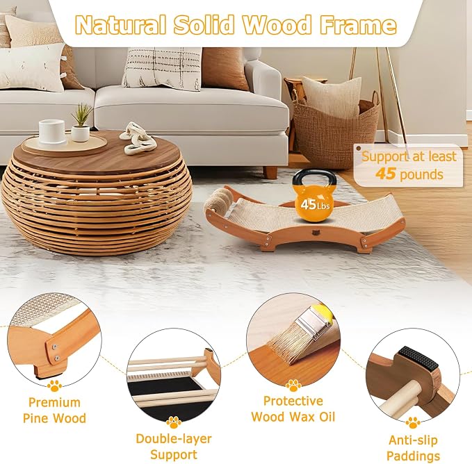 3 in 1 Sisal Cat Scratcher Bed, Solid Pine Cat Scratcher with Balls (Wood) | Extra Large Cat Scratching Post with Hammock, Cat Scratcher for Scratch & Play & Rest, Cat Furniture for Indoor Cats, Kitten - Image 5