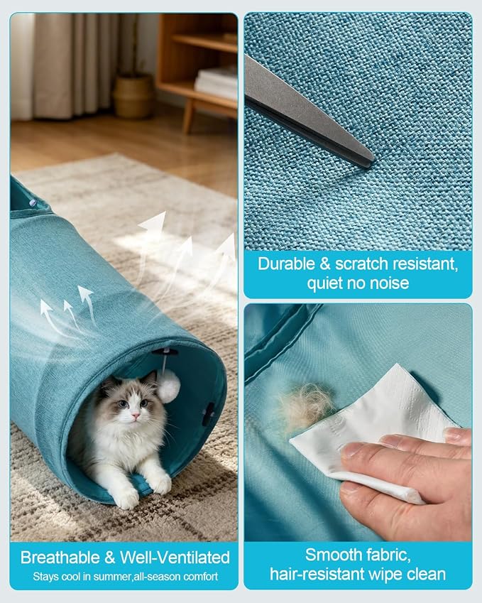 Cat Tunnel, 3 Straight Shaped Tunnels 6 DIY Shapes with Wand Toys, No Noise Scratch Resistant Cool Linen Fabric, Interactive Pet Tunnel Tube for Indoor Cats, Puppy and Rabbits - Image 4
