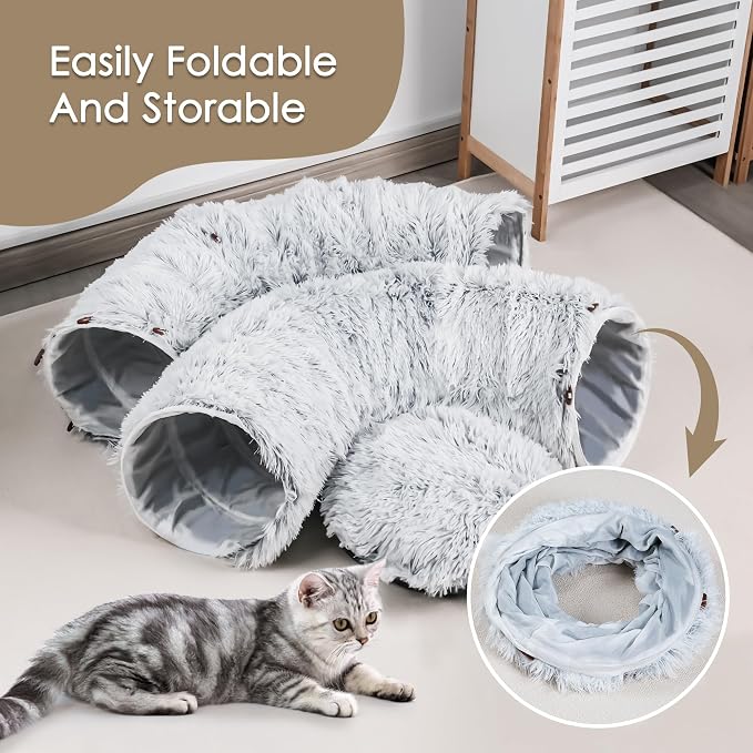Baseola Fuzzy Cat Tunnel Bed for Indoor Cats, 2-in-1 Interactive Cat Toys | Peekaboo Cat Cave with Washable Mat, Collapsible Cat Play Tunnel for Kittens & Small Pets, Plush Cat Donut Bed Tunnel, Grey - Image 8