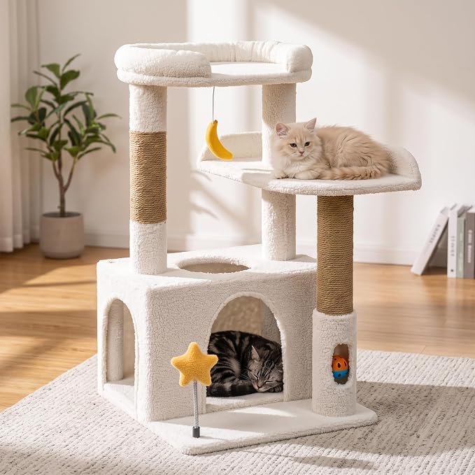 30" Kitten Cat Tower, Compact Beige Cat Tree with Condo & Perch | Plush Finish, Cozy Condo, Soft Top Perch, Sisal Scratching Post, Dangling Ball Toy, Anti-Tip Base, for Cats up to 15 lbs - Image 7