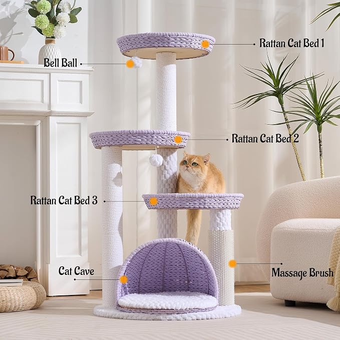 Modern Cat Tree Tower with Scratching Post, 46 Inches Tall Cat Towers with Woven Cat Nests and Cave, Multi-Level Cat Tree With Removable Cushions and Massage Brush for Indoor Cats Large Adult. - Image 3
