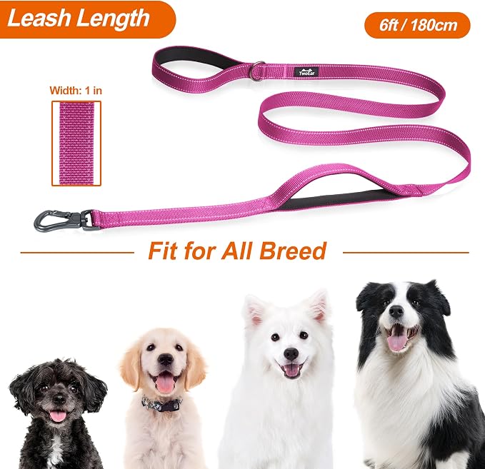 Twoear 6FT 1IN Heavy Duty Dog Leash for Large Dogs with 2 Padded Handles | Traffic Handle Extra Control, Auto Lock Hook, Strong Reflective Walking Leash for Night Safety, Medium and Large Breeds,Rose - Image 6