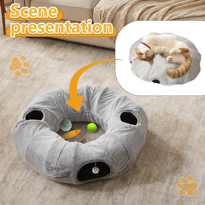 WINDRACING Cat Tunnel Bed for Indoor Cats - Cute Cat Donut Tunnel with Washable Circle Cushion, Round Pet Play Toy for Kitten/Puppy/Rabbit, Grey - Image 6