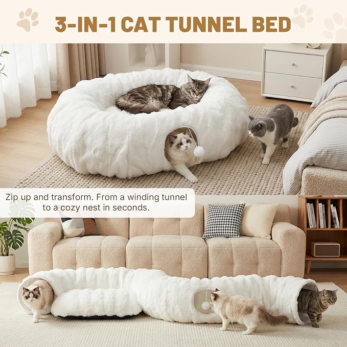 Extra Large Cat Tunnel, 47.2in Luxury Tunnel for Large Cats | Extra Long Bubble Fleece Big Cat Tunnel with Washable Mat, Skin-Friendly Large Tunnel for Cats, Puppy, Rabbits White - Image 4
