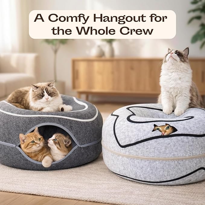 Peekaboo Cat Cave Donut - Cat Tunnel Bed for Indoor Cats – Cute Patterns Hideaway for Multiple & Large Cats, Scratch-Resistant (Light Gray) - Image 2
