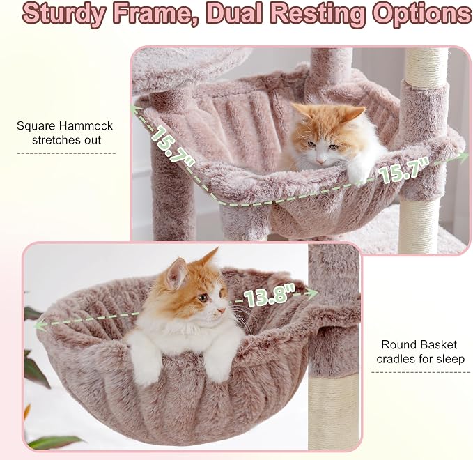 Heybly Cat Tree, 76-Inch Tall Heavy Duty Cat Tower for Big Cats HCT039MU | Multi-Level Large Cat Furniture with Extra Wide Baseboard, 2 Condos & 2 Hammocks, 10 Scratching Posts, Rosy Brown - Image 4