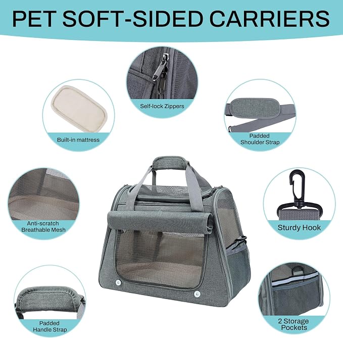 Airline Approved Soft-Sided Pet Carrier for Cats & Small Dogs - Ventilated Travel Bag with Removable Mat, Under 15 lbs, Grey - Image 5