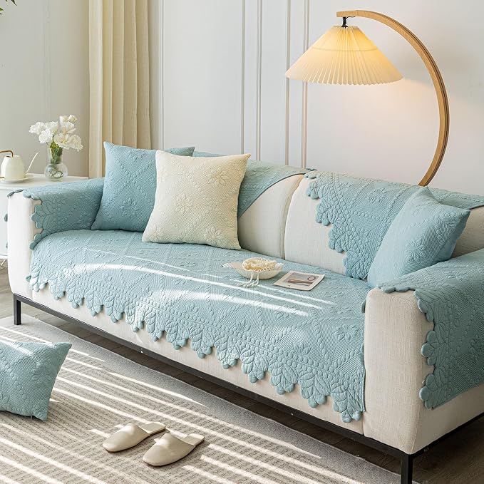 Cotton Quilted Dog Couch Cover for Sofa Farmhouse Rustic Embroidery Sectional Couch Cover Soft Anti-Slip Sofa Slipcover Furniture Protector for Kids, Pets (Blue,36"x63") - Image 3