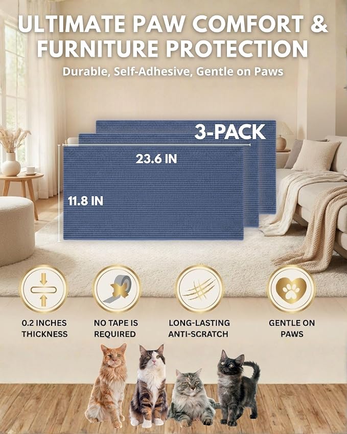Corner & Wall Cat Scratch Mat, Self-Adhesive Trimmable Cat Scratcher, Wall Mounted Scratching Pad for Indoor Cats, Sofa Furniture Protector, Cat Post Cover Replacement (Blue, 23.6''x11.8'', 3-Pack) - Image 6
