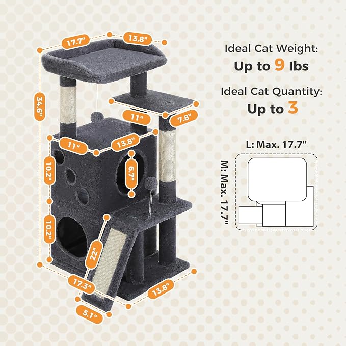 PETEPELA Kitten Cat Tree, 34.6" Small Cat Tower with Ramp & Toys, Deep Grey | Compact 34.6-inch tower with 2 cozy condos, sisal scratch ramp & posts, dangling toys; right-sized for kittens & small cats - Image 5