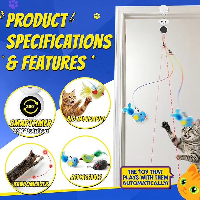 Automatic Laser Cat Toy with Interactive Flying Bird Feather, Natural White | Catpick toy Doorway Toys with Hanging Feather Bird for Exercise& Enrichment, for Indoor Adult Cats - Image 2