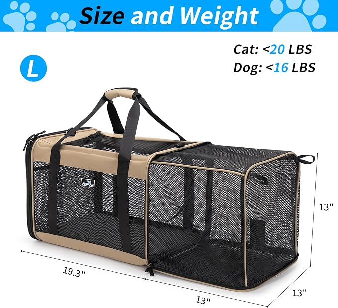 Wakytu Expandable Pet Carrier for Dogs & Cats, Large Travel Bag with 5 Mesh Windows, 2 Entrances, Locking Zippers & Padded Straps,L - Image 4