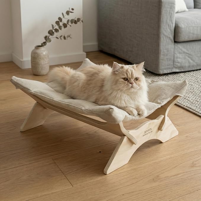 JSPYFITS Elevated Cat Bed Hammock, Raised Cat Bed with Dual-Sided Plush & Linen Cushion, Machine Washable & Breathable Cover Tool Free Easy Assembly, up to 66Lbs (White) - Image 6