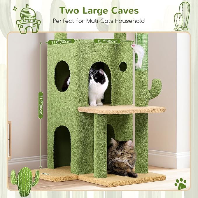 Globlazer Cactus Cat Tree Tower for Indoor Cats, 50-inch Adult Cat Tree House for Large Adult Cats with Steps, Scratching Post, 2 Cat Caves, Dangling Toys, FC50, Green - Image 4