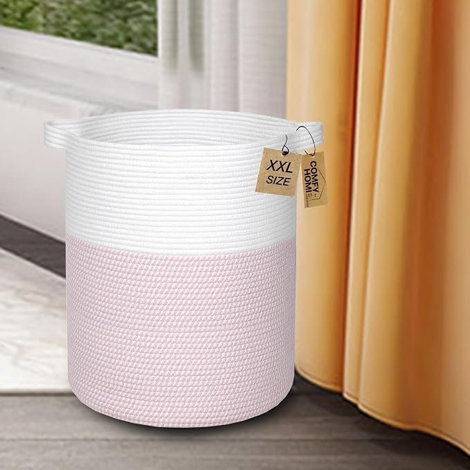 COMFY-HOMI XXL Large Laundry Basket with Handles Blanket Baskets Living Room|Woven Cotton Rope Decorative Basket Laundry Hamper Baby Basket Nursery Dog Toy Storage Organizer Bin-16”x18”-White/Pink - Image 3