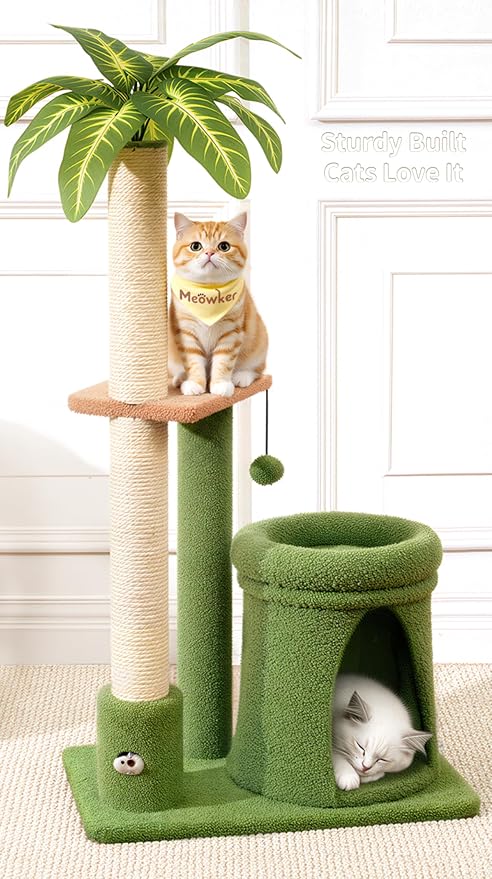 41" Cat Tree Tower Condo Scratch Post Stand for Indoor Small Cats | Palm Tree Compact Space Saving Scratch Post Stand with Cozy Bed, Great for Kitten Climbing, Scratching Playing & Resting by Meowker