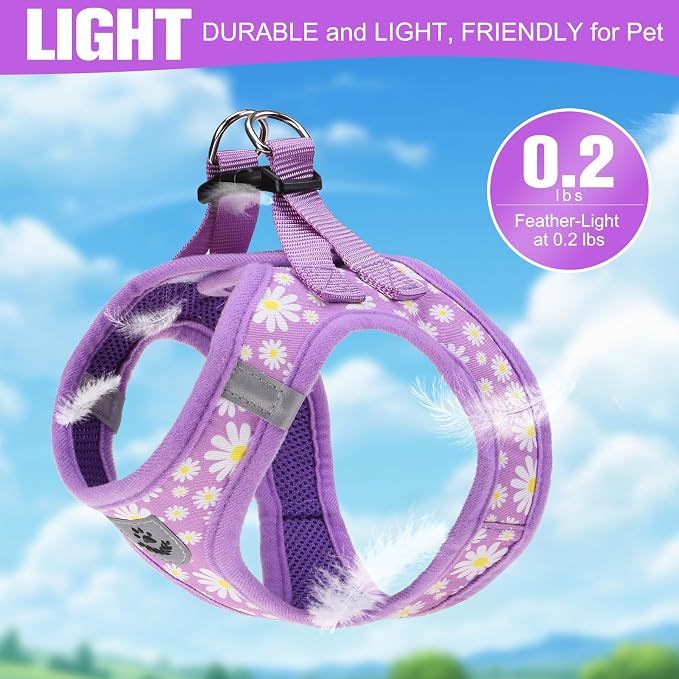 Small Dog Harness and Leash Set - Cute Spring Puppy Harness Leash Dog Collar with AirTag Holder Silicone Case, Soft Padded Step in Pet Vest Reflective for Outdoor Walking, Purple Daisy M - Image 4