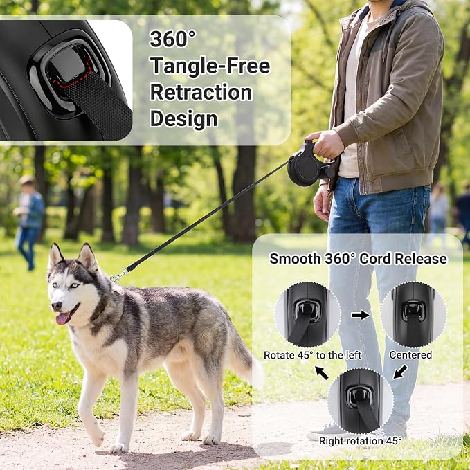 Segarty 16 Ft Retractable Dog Leash with Detachable Poop Bag Holder, 5m Walking Leash for Pets up to 66 Lbs, 360°Tangle-Free Black Dog Lead with Anti-Slip Handle & One-Handed Brake Pause Lock for Dogs - Image 5