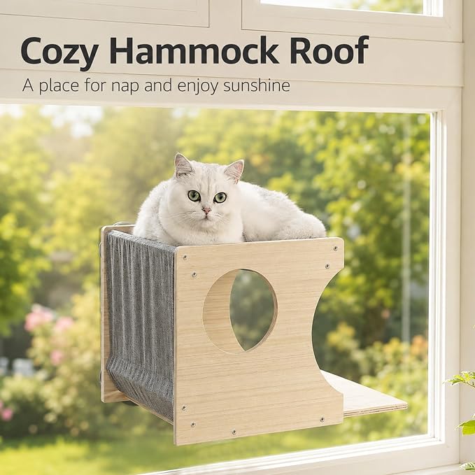 Cat Window Perch，2-Tier Hammock & Hideaway House with Strong Suction Cups | Right-opening, Drill-Free, Hold Up to 45 lb Support, For Small to Medium Cats, Let Cats Lounge, Climb and Watch Outside - Image 3