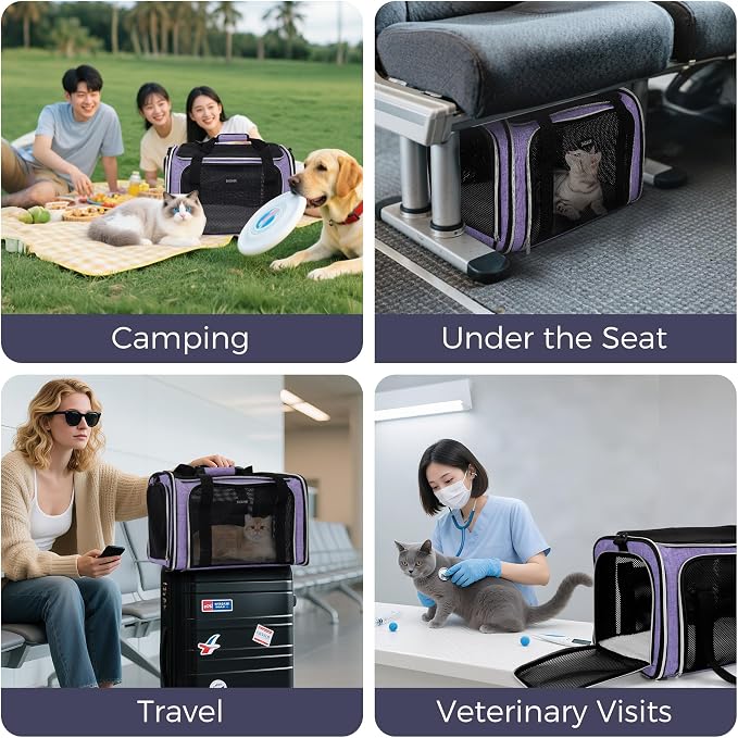 BAGLHER Pet Travel Carrier, Cat Carriers Dog Carrier for Small Medium Cats Dogs Puppies, Airline Approved Small Dog Carrier Soft Sided, Collapsible Puppy Carrier, Purple - Image 6