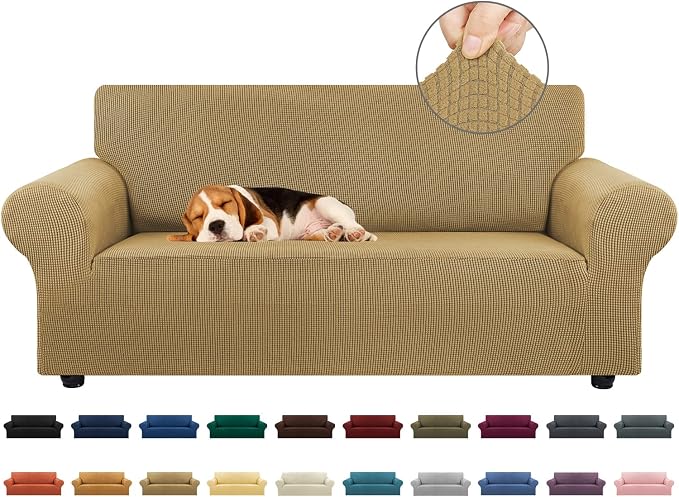 KEKUOU Stretch Loveseat Couch Cover, 2 Cushion Couch Slipcover,Tan | 1-Piece Washable Sofa Cover Pet Friendly (55"-78") Furniture Protector Soft Jacquard, Elastic Bottom for Dogs & Kids by KEKUOU