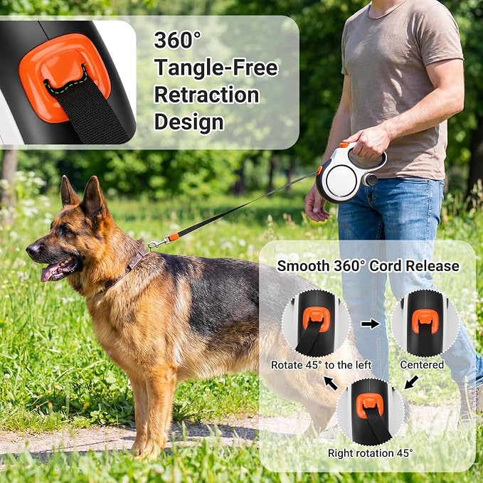 Segarty 26 Ft Walking Lead for Dogs 66 lbs - 110 lbs, 360°Tangle-Free 8m Retractable Long Leash with Detachable Poop Bag Holder for Pets Walk Outside, Anti-Slip Handle and One-Handed Brake Pause Lock - Image 5