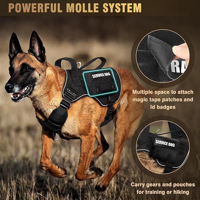 2X Metal Buckle Service Working MOLLE Dog Vest with 10 Pet Patches | Tactical Dog Harness for Large Dog, No-pull Military Working Vest for Training Hunting Walking，2x D Rings for Leash Clip - Image 8