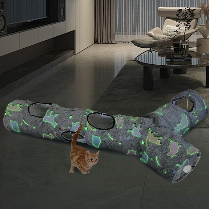 Cat Tunnels for Indoor Cats, Self-Luminous Cat Tunnel with Plush Ball, 3 Way Kitten Tunnel Collapsible, Cat Play Tunnel with Interactive Peephole for Large Cat, Puppy, Kitten - Image 4