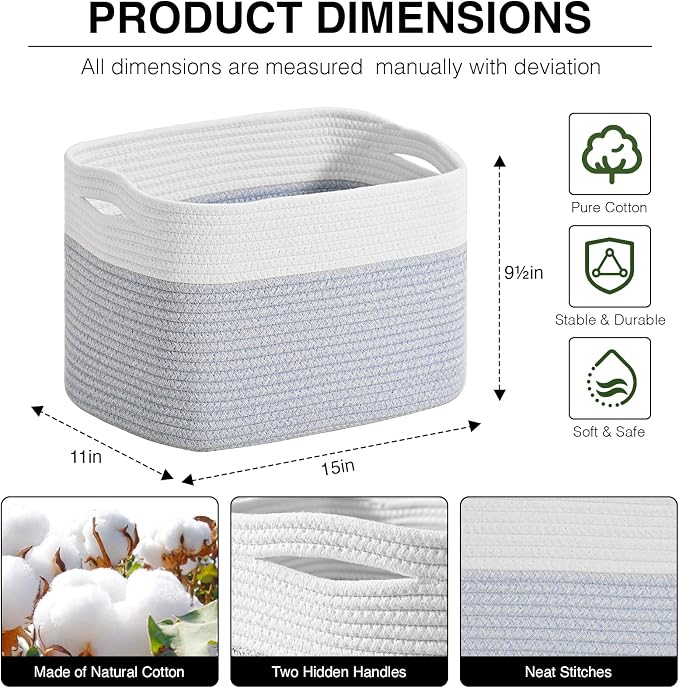 ICERZCZ Woven Cotton Rope Storage Basket for Organizing, Cute Decorative Baskets for Gifts Empty, Organizer Bins for Dog Toy, Baby Laundry, 15“×11”×9.5“, Off White & Blue - Image 2