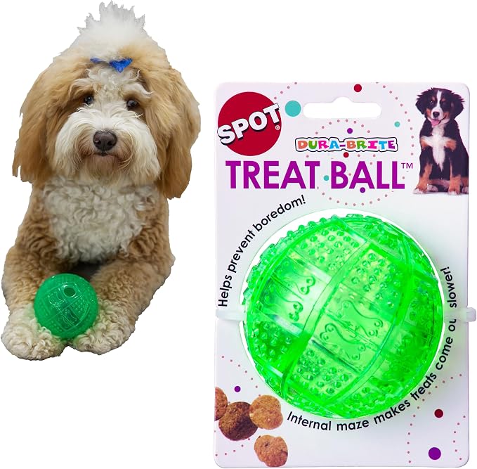 SPOT Dura-Brite Treat Ball - Treat Dispensing Dog Toy Made with Durable TPR Rubber, Interactive Slow Feeder Puzzle Ball, Prevents Boredom and Makes Mealtime Fun - 3in, Assorted Colors by SPOT