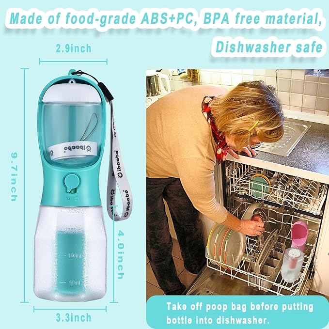 Cibaabo Dog Water Bottle with Food Container & Poop Bag Holder & Filter | Feeding & Hydration & Waste All in One | Travel Puppy Water Bowl | Portable Pet Dispenser | Dog Gifts | for Walking Beach - Image 6