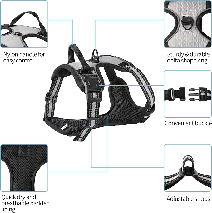 Gray No-Pull Dog Harness with 2 Leash Clips，Soft Padded Vest for Large Dog, Adjustable Reflective Dog Vest Easy to Put on and Take Off,Neck: 18"~26", Chest: 25"~34",Gray XL - Image 2