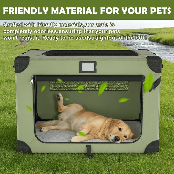 42 Inch Travel Collapsible Dog Crate Green with Signature Card，Storage Bag | Chew-Proof Mesh Window,Sturdy Frame,Soft Blanket & Foldable Bowl,Waterproof & Easy to Clean,Portable for Camping，Mesh Windows - Image 7