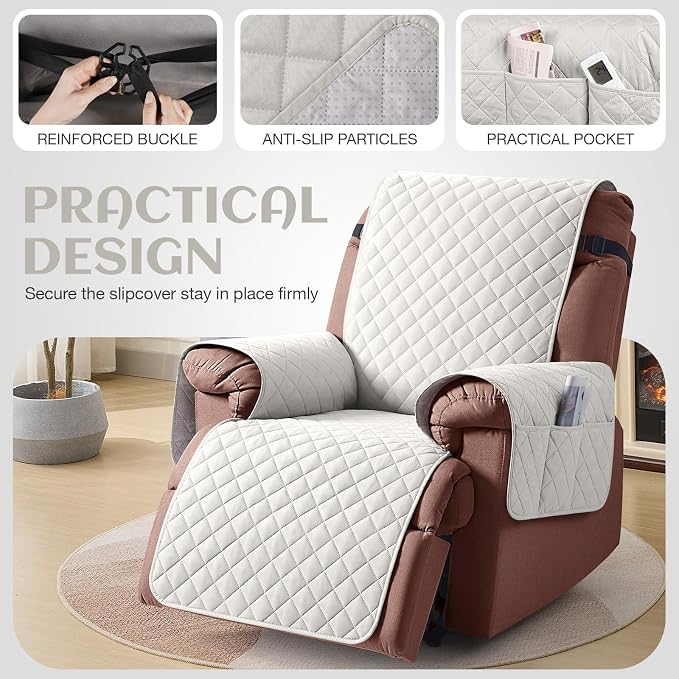 KinCam 100% Waterproof Recliner Chair Covers Washable, 30", Beige White | Anti Slip Reclining Couch Covers for Pets Dog, Recliner Sofa Slipcover Storage Pocket, Furniture Protector with Elastic Strap - Image 5